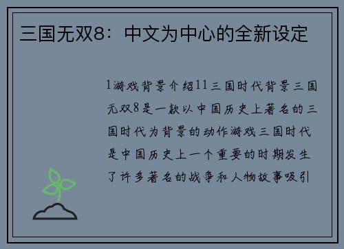 三国无双8：中文为中心的全新设定